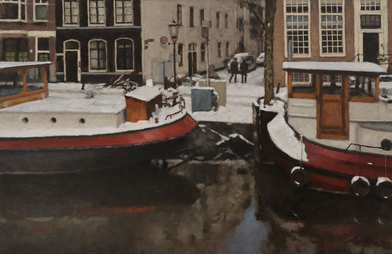 cityscape: 'Raamgracht in Winter' oil on linnen by Dutch painter Frans Koppelaar.