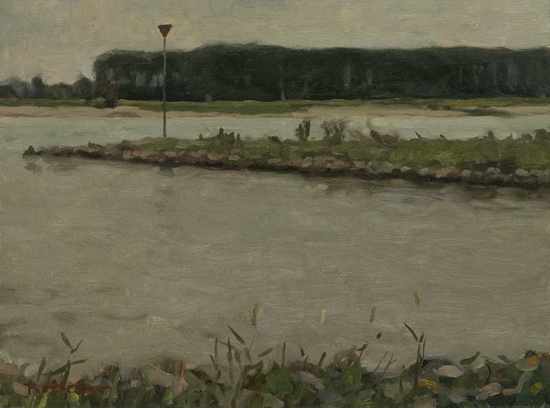 landschap: 'De Waal' olieverf op linnen door kunstschilder Frans Koppelaar.
