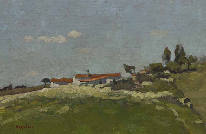 landschap: 'Boerderij op heuvel, Portugal' olieverf op linnen marouflé door kunstschilder Frans Koppelaar.