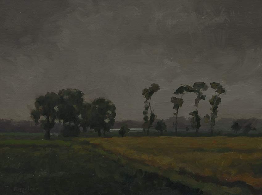 landschap: 'Miezerig Weer Bij Zandspui' olieverf op linnen door kunstschilder Frans Koppelaar.