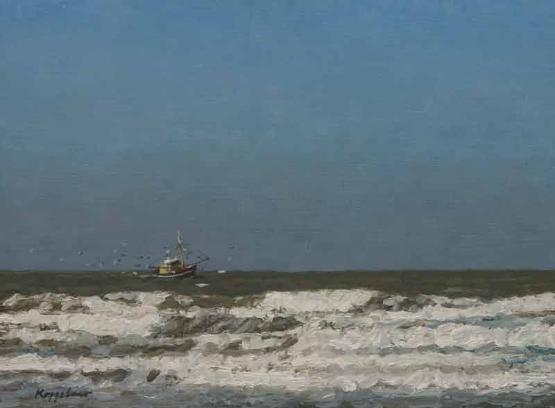landschap: 'Garnalenkotter, Scheveningen' olieverf op paneel door kunstschilder Frans Koppelaar.