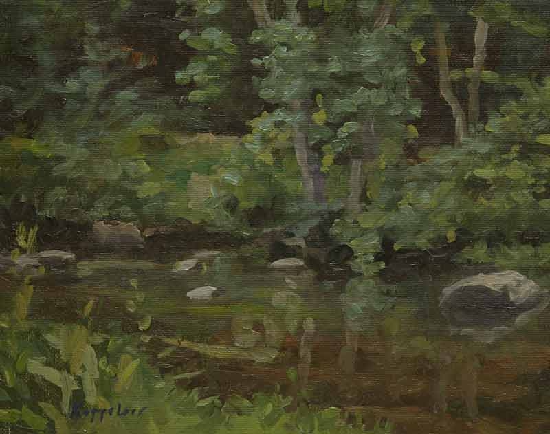 landscape: 'Forest River' oil on canvas marouflé by Dutch painter Frans Koppelaar.