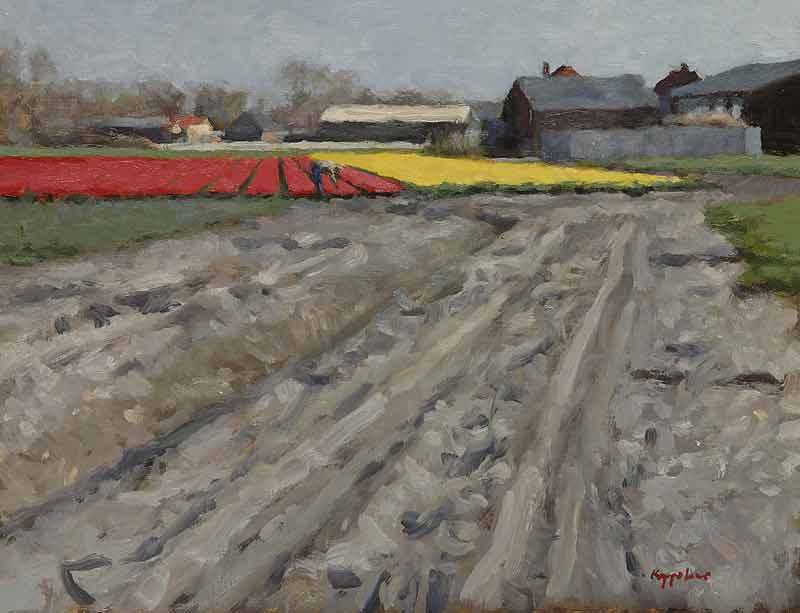art work: 'Landscape with Tulip Fields' oil on panel by Dutch painter Frans Koppelaar.