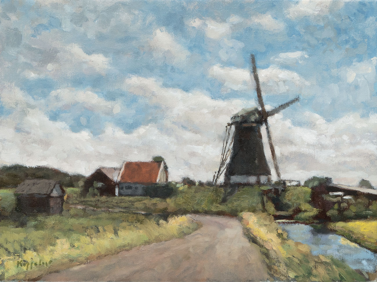 landschap: 'Poldermolen' olieverf op linnen door kunstschilder Frans Koppelaar.