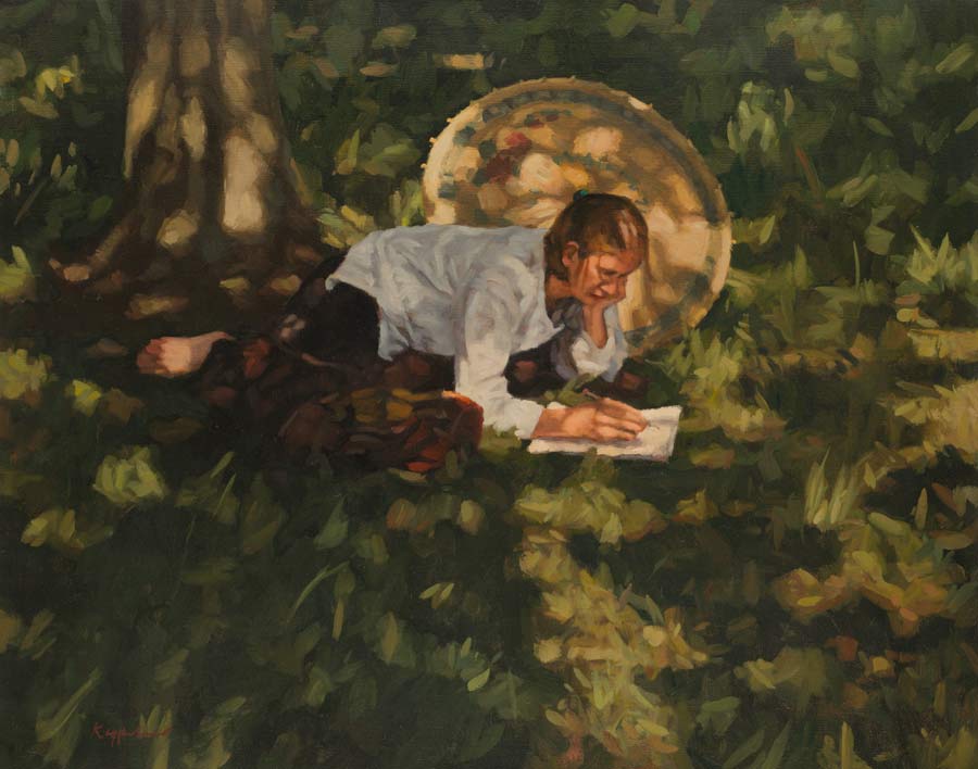 art work: 'Girl studying outdoors' oil on canvas by Dutch painter Frans Koppelaar.