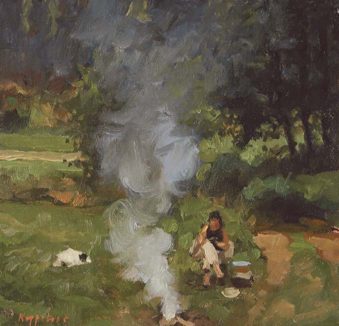 art work: 'Camp Fire' oil on canvas marouflé by Dutch painter Frans Koppelaar.