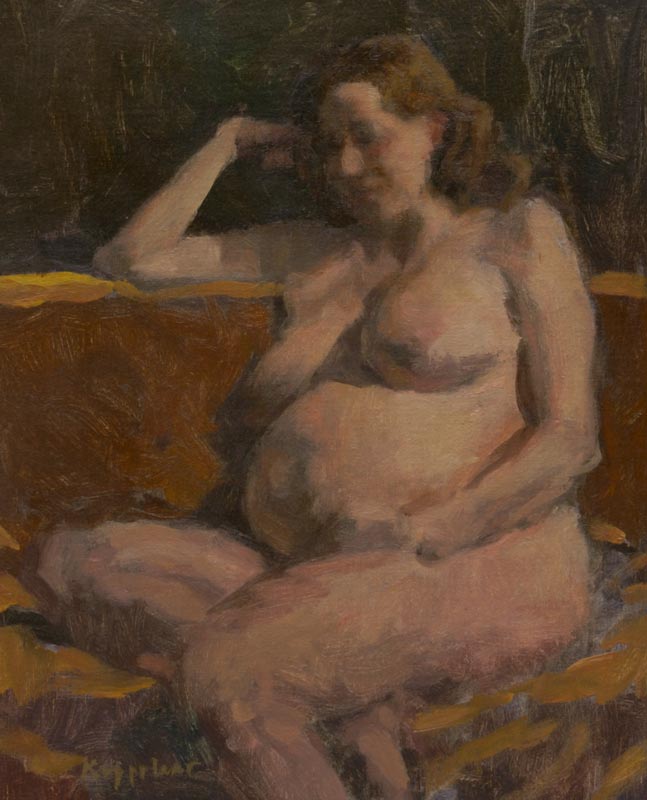kunstwerk: 'Zwangere Vrouw' olieverf op linnen marouflé door kunstschilder Frans Koppelaar.