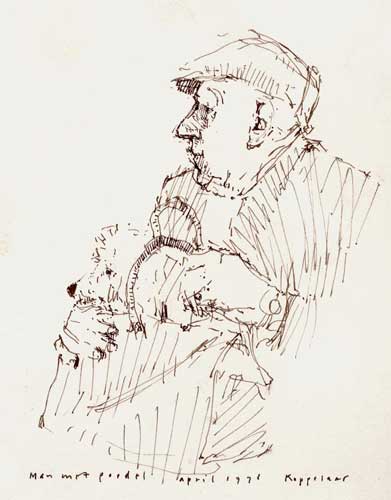 drawing: 'Man with Poodle' pen/sepia by Dutch painter Frans Koppelaar.