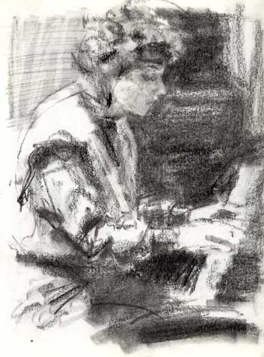 kunstwerk: 'Jazzpianiste' zwart krijt door kunstschilder Frans Koppelaar.