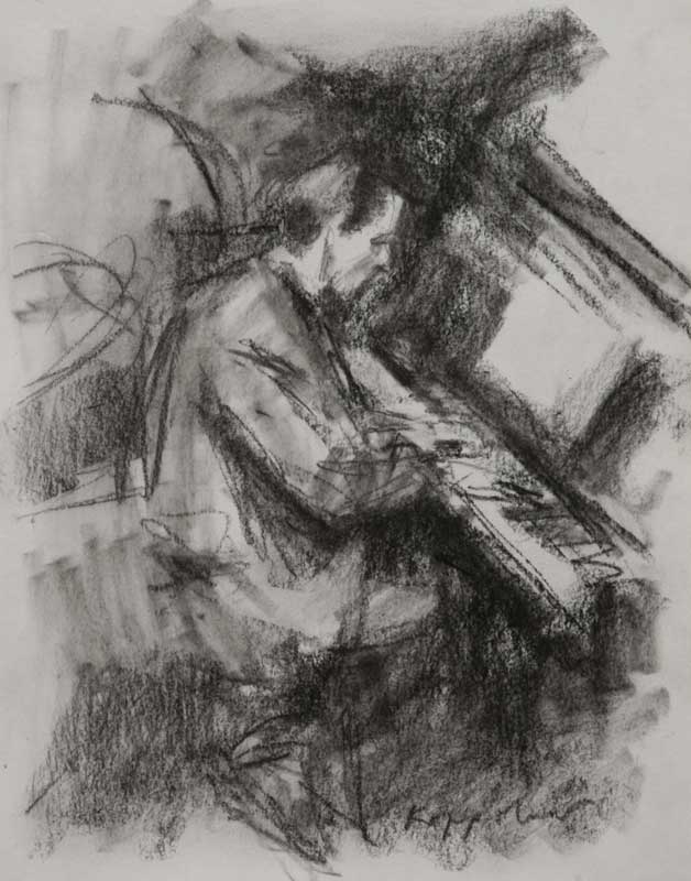 kunstwerk: 'Pianist' zwart krijt door kunstschilder Frans Koppelaar.
