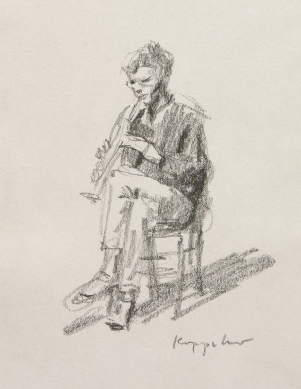 drawing: 'Clarinet Player' graphite by Dutch painter Frans Koppelaar.