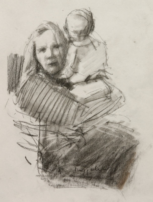 drawing: 'Mother and Child' black crayon by Dutch painter Frans Koppelaar.
