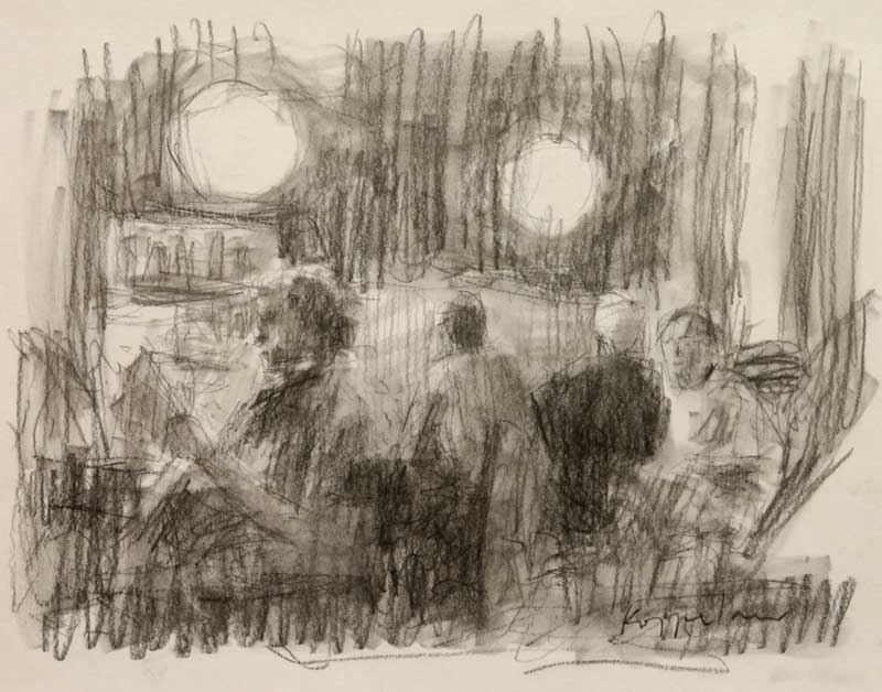 drawing: 'Men At A Bar' black crayon by Dutch painter Frans Koppelaar.