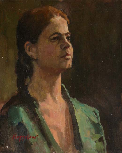 portret: 'Jonge Vrouw' olieverf op paneel door kunstschilder Frans Koppelaar.