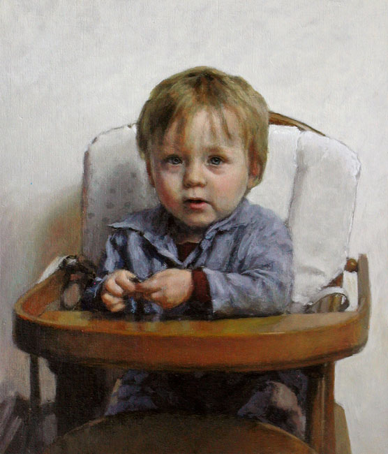 portrait: 'Deaf Toddler with Coin' oil on canvas by Dutch painter Frans Koppelaar.