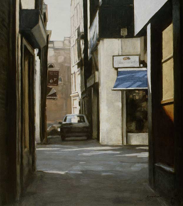 cityscape: 'Amsterdam Alley' oil on canvas. by Dutch painter Frans Koppelaar.