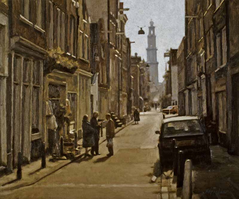 stadsgezicht: 'Tichelstraat met Westertoren' olieverf op linnen door kunstschilder Frans Koppelaar.