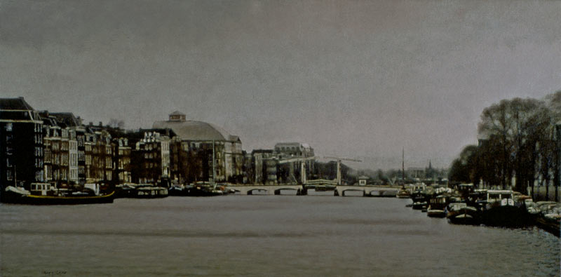 cityscape: 'River Amstel' oil on canvas by Dutch painter Frans Koppelaar.