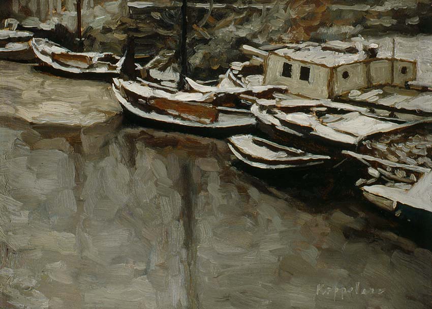 cityscape: 'Snowcovered Vessels' oil on canvas by Dutch painter Frans Koppelaar.