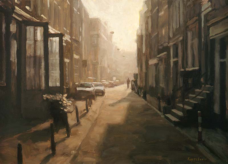 cityscape: 'Backlight at Langestraat' oil on canvas by Dutch painter Frans Koppelaar.