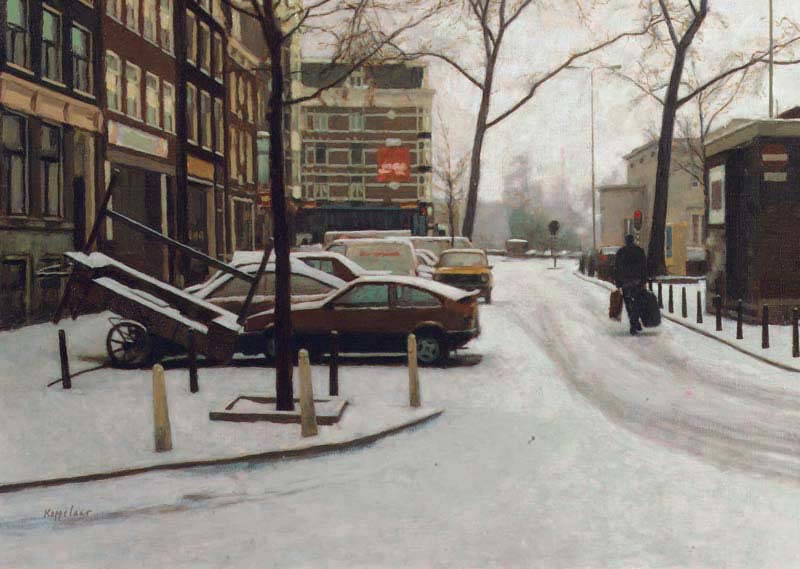 cityscape: 'Haarlemmerplein, winter' oil on canvas by Dutch painter Frans Koppelaar.