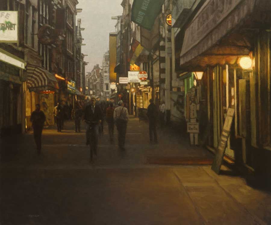cityscape: 'Shopping Night at Nieuwendijk' oil on canvas by Dutch painter Frans Koppelaar.