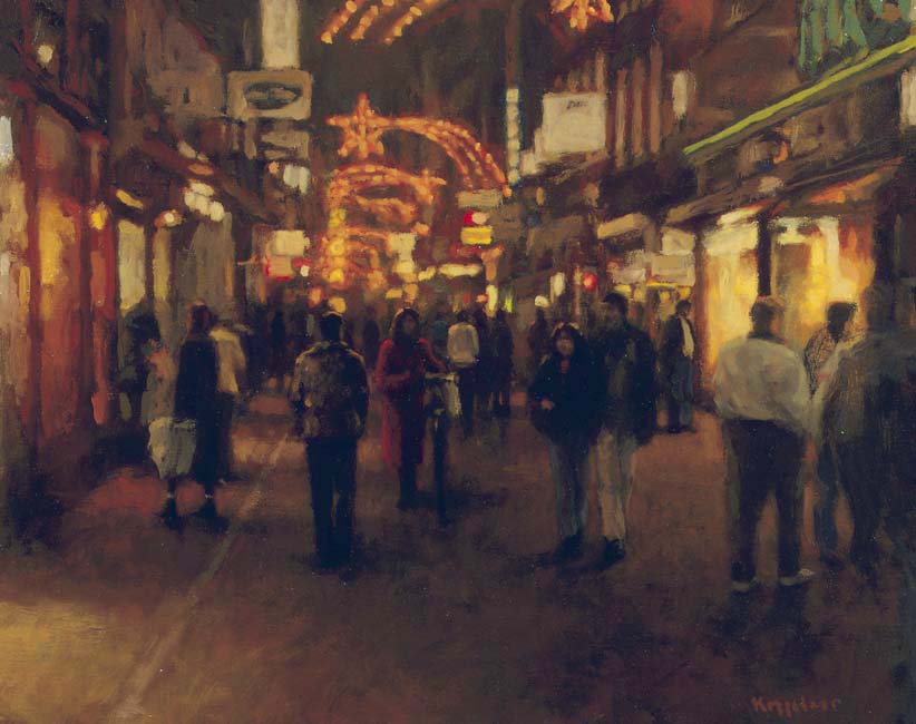 cityscape: 'Kalverstraat by Night' oil on canvas by Dutch painter Frans Koppelaar.