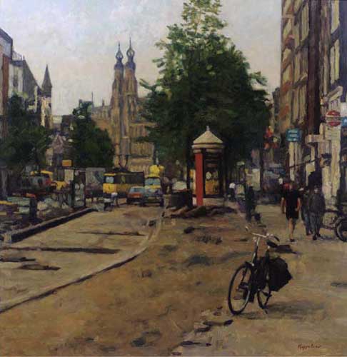 stadsgezicht: 'Opgebroken Nieuwe Zijds Voorburgwal' olieverf op linnen door kunstschilder Frans Koppelaar.