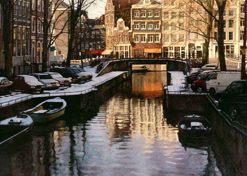 cityscape: 'Leliegracht canal in winter' oil on canvas by Dutch painter Frans Koppelaar.