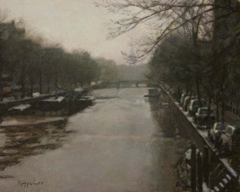 cityscape: 'Geldersekade Canal in Winter, Amsterdam' oil on canvas marouflée by Dutch painter Frans Koppelaar.
