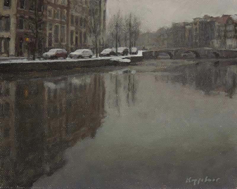 cityscape: 'Keizersgracht Canal, Amsterdam' oil on canvas by Dutch painter Frans Koppelaar.