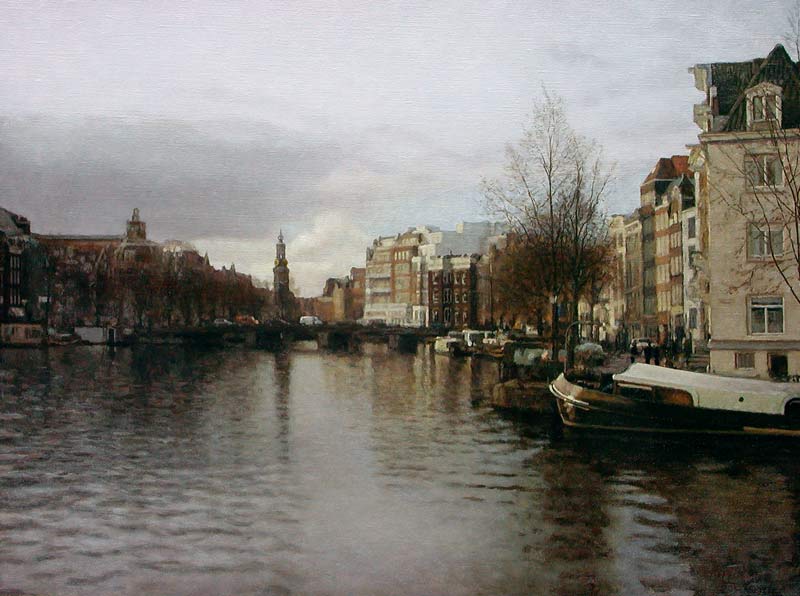 cityscape: 'River Amstel, Amsterdam' oil on canvas by Dutch painter Frans Koppelaar.