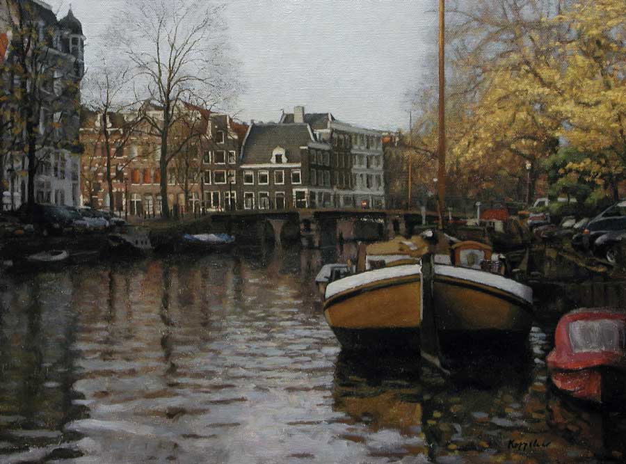 cityscape: 'Houseboat on Brouwersgracht Canal, Amsterdam' oil on canvas by Dutch painter Frans Koppelaar.