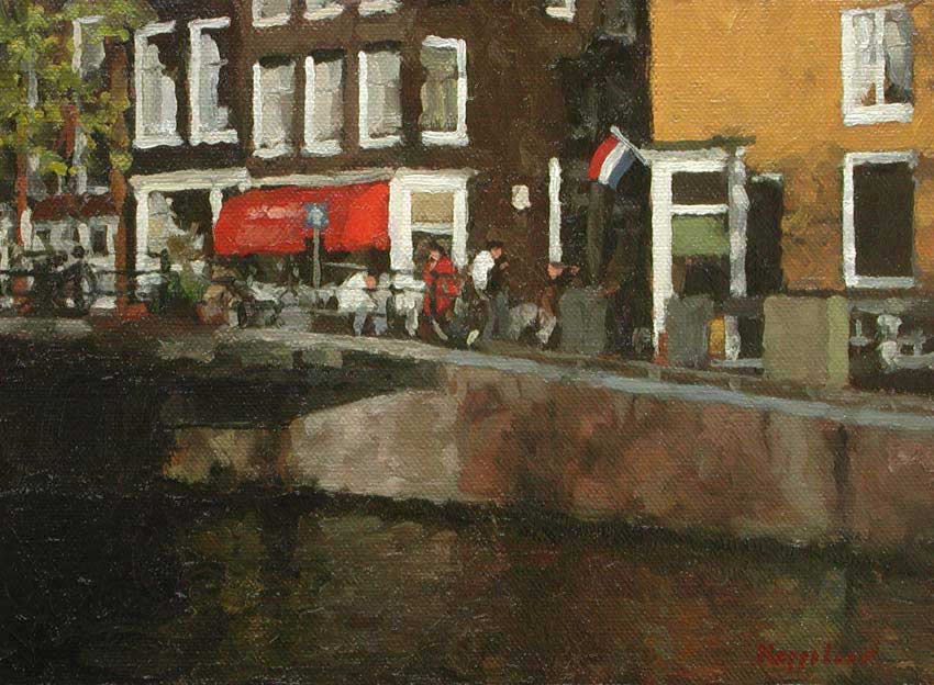 stadsgezicht: 'Herengracht bij Wijde Heisteeg' olieverf op linnen marouflé door kunstschilder Frans Koppelaar.