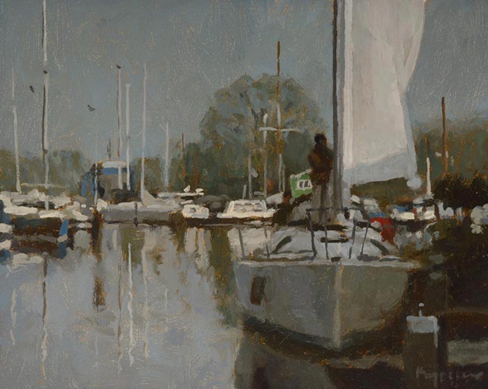 cityscape: 'Harbour, Nieuwendam' oil on canvas by Dutch painter Frans Koppelaar.