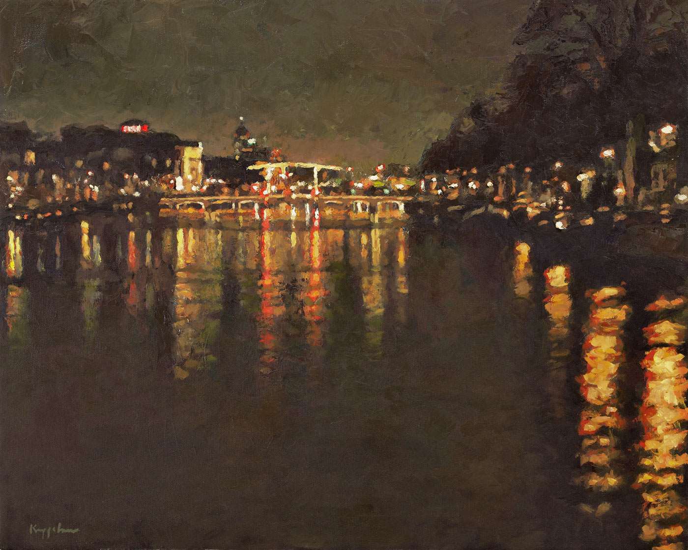 cityscape: 'River Amstel By Night' oil on canvas by Dutch painter Frans Koppelaar.
