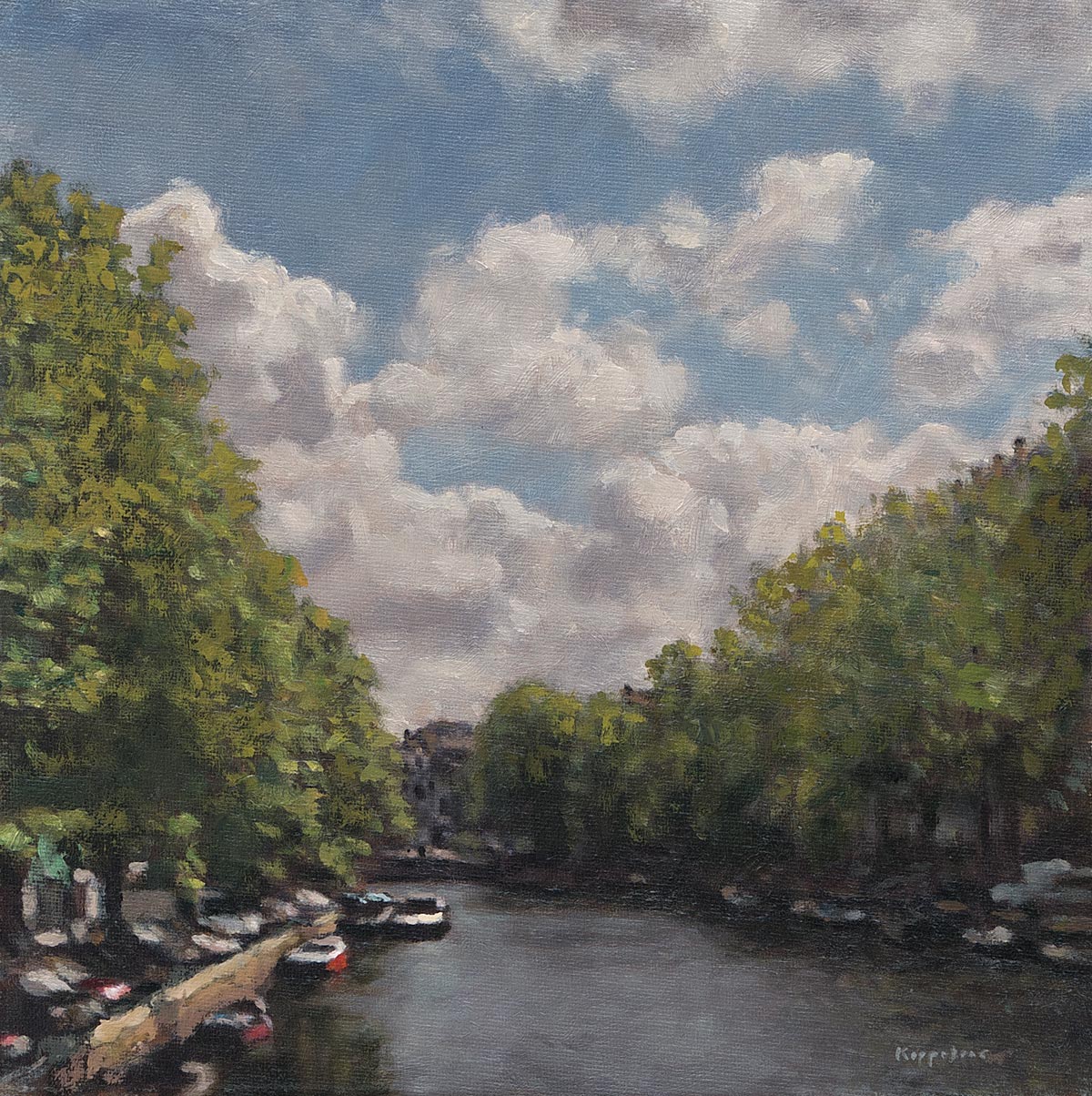 cityscape: 'Amsterdam Canal, Backlight' oil on canvas marouflée by Dutch painter Frans Koppelaar.