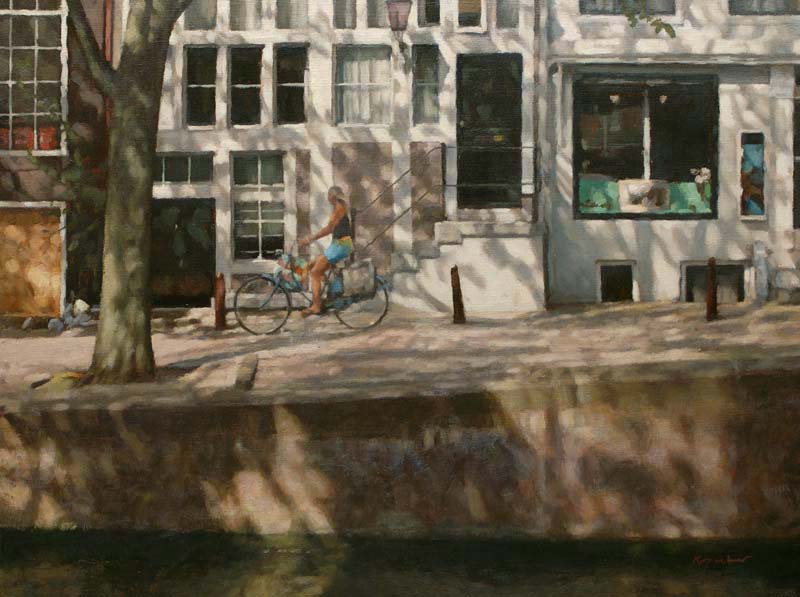 cityscape: 'Woman cycling along a canal' oil on canvas by Dutch painter Frans Koppelaar.