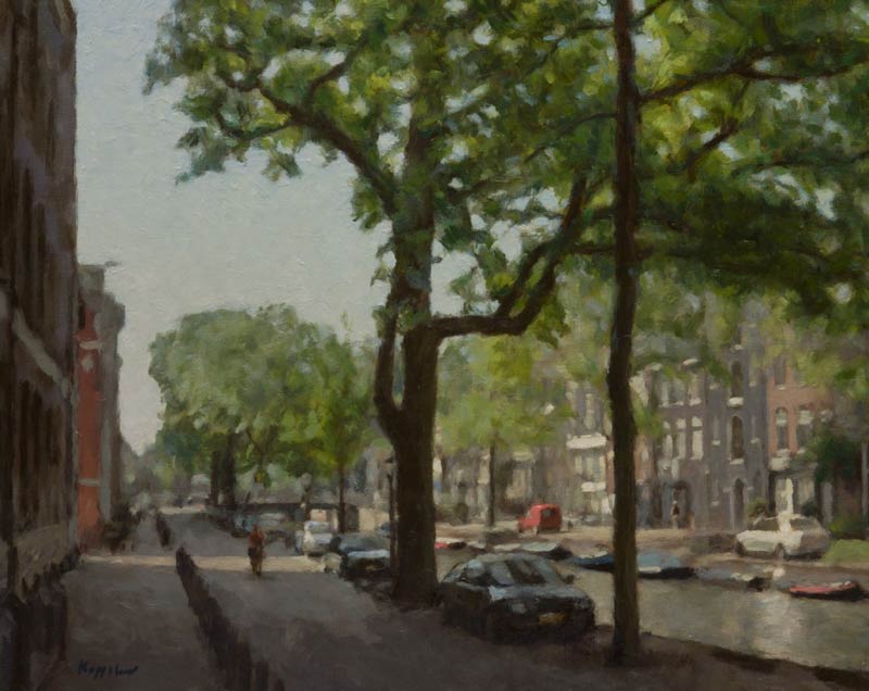 stadsgezicht: 'Gracht' olieverf op doek door kunstschilder Frans Koppelaar.