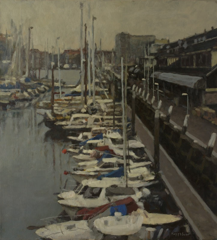 cityscape: 'Scheveningen Marina' oil on canvas by Dutch painter Frans Koppelaar.
