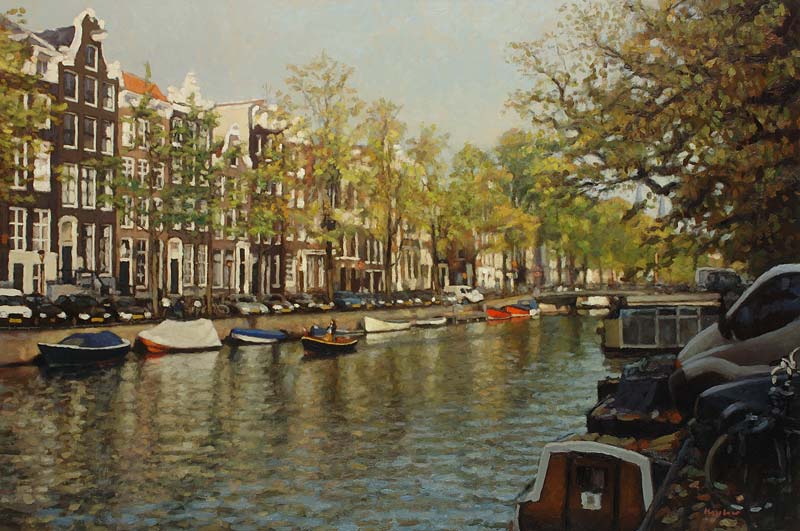 cityscape: 'Early Autumn at Keizersgracht Canal' oil on canvas by Dutch painter Frans Koppelaar.