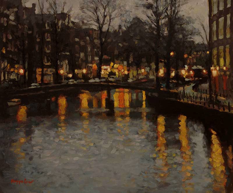 stadsgezicht: 'Oudezijds Voorburgwal bij avond' olieverf op linnen door kunstschilder Frans Koppelaar.