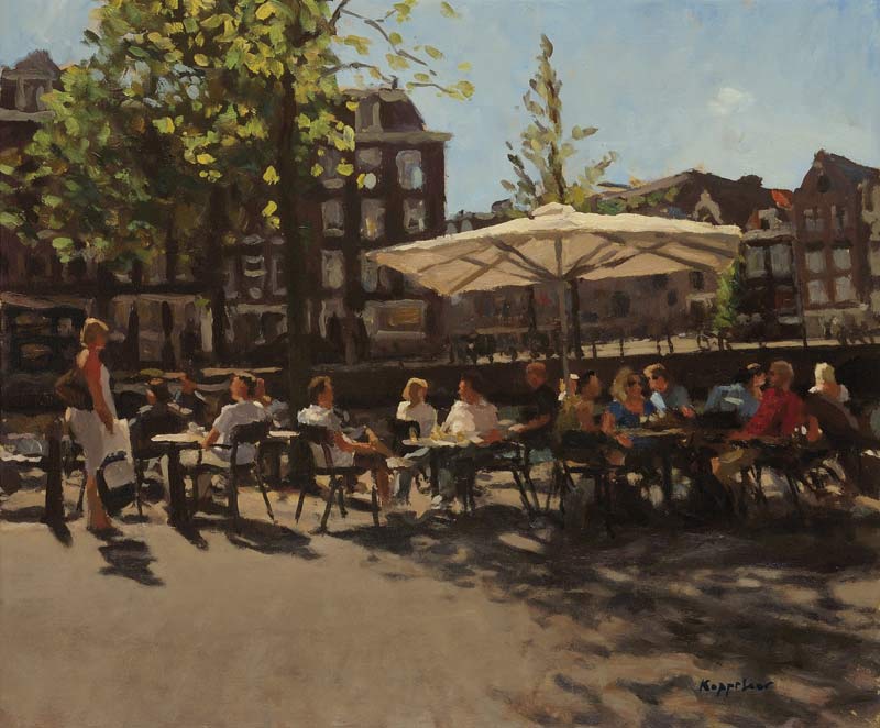 stadsgezicht: 'Terras aan de Gracht' olieverf op doek door kunstschilder Frans Koppelaar.