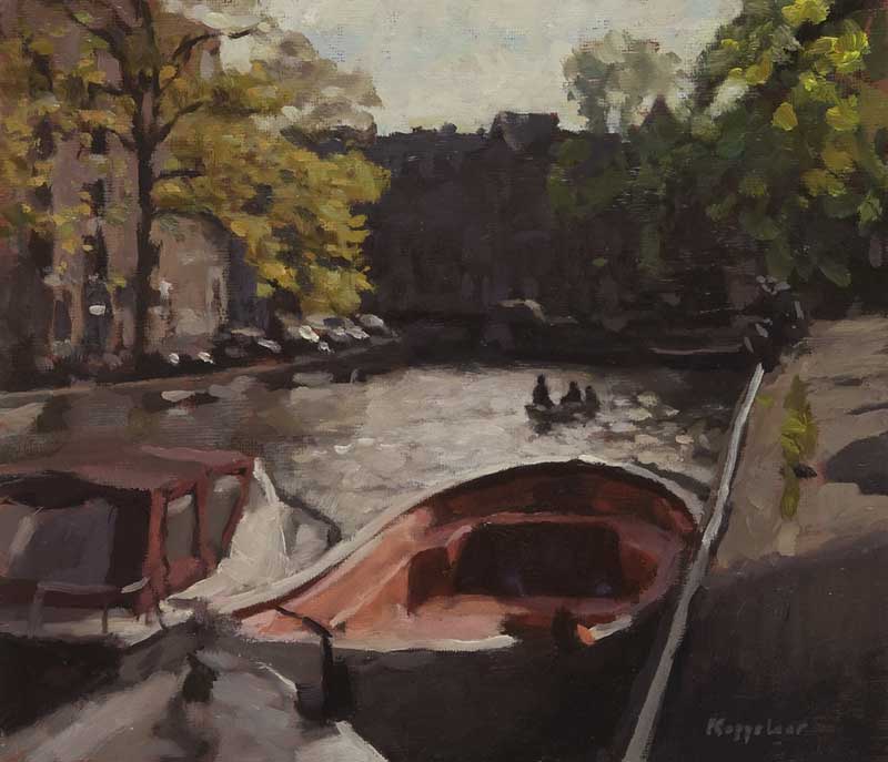 cityscape: 'Boatride on an Amsterdam canal' oil on canvas by Dutch painter Frans Koppelaar.
