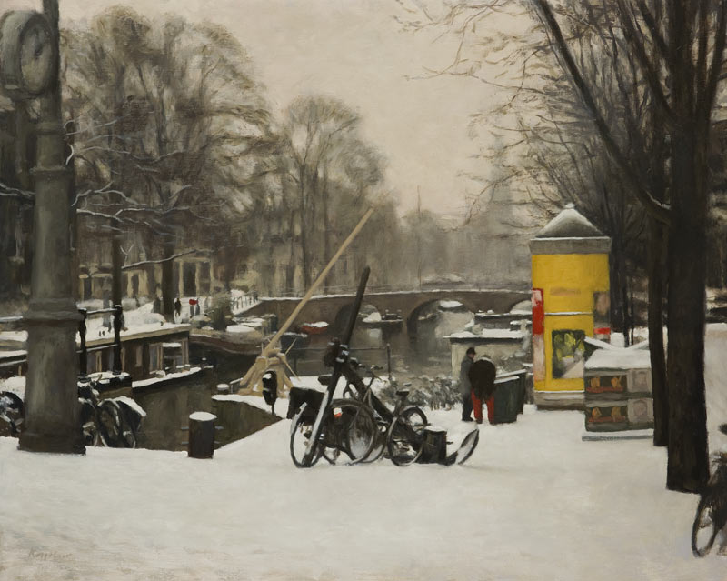 cityscape: 'Eenhoornsluis with snow' oil on canvas by Dutch painter Frans Koppelaar.