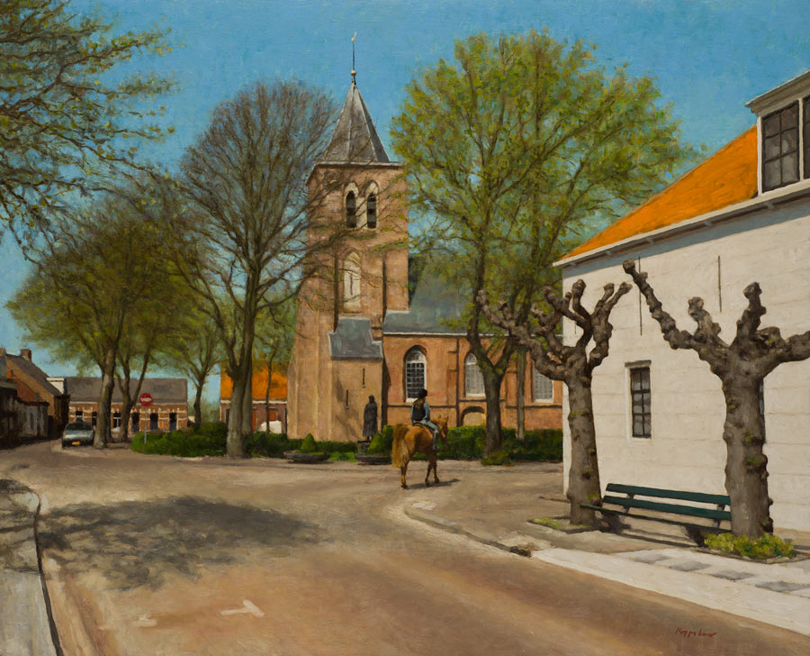 stadsgezicht: 'Kerkplein Biggekerke' olieverf op linnen door kunstschilder Frans Koppelaar.
