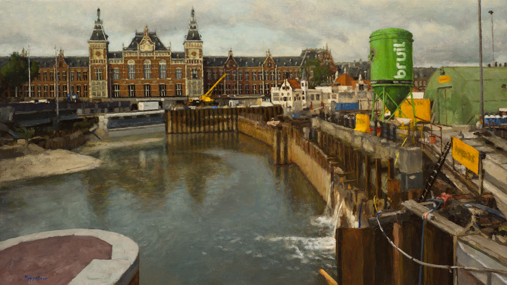 stadsgezicht: 'Bouwput bij Centraal Station' olieverf op linnen door kunstschilder Frans Koppelaar.