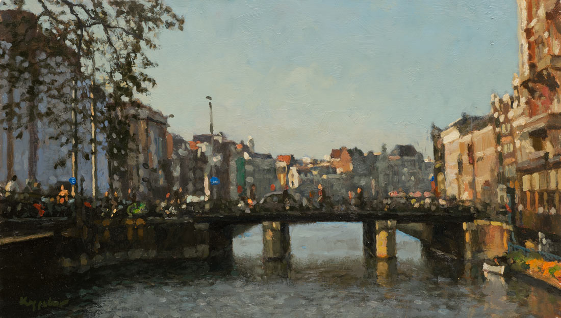 cityscape: 'Rokin with Doelen Bridge' oil on panel by Dutch painter Frans Koppelaar.