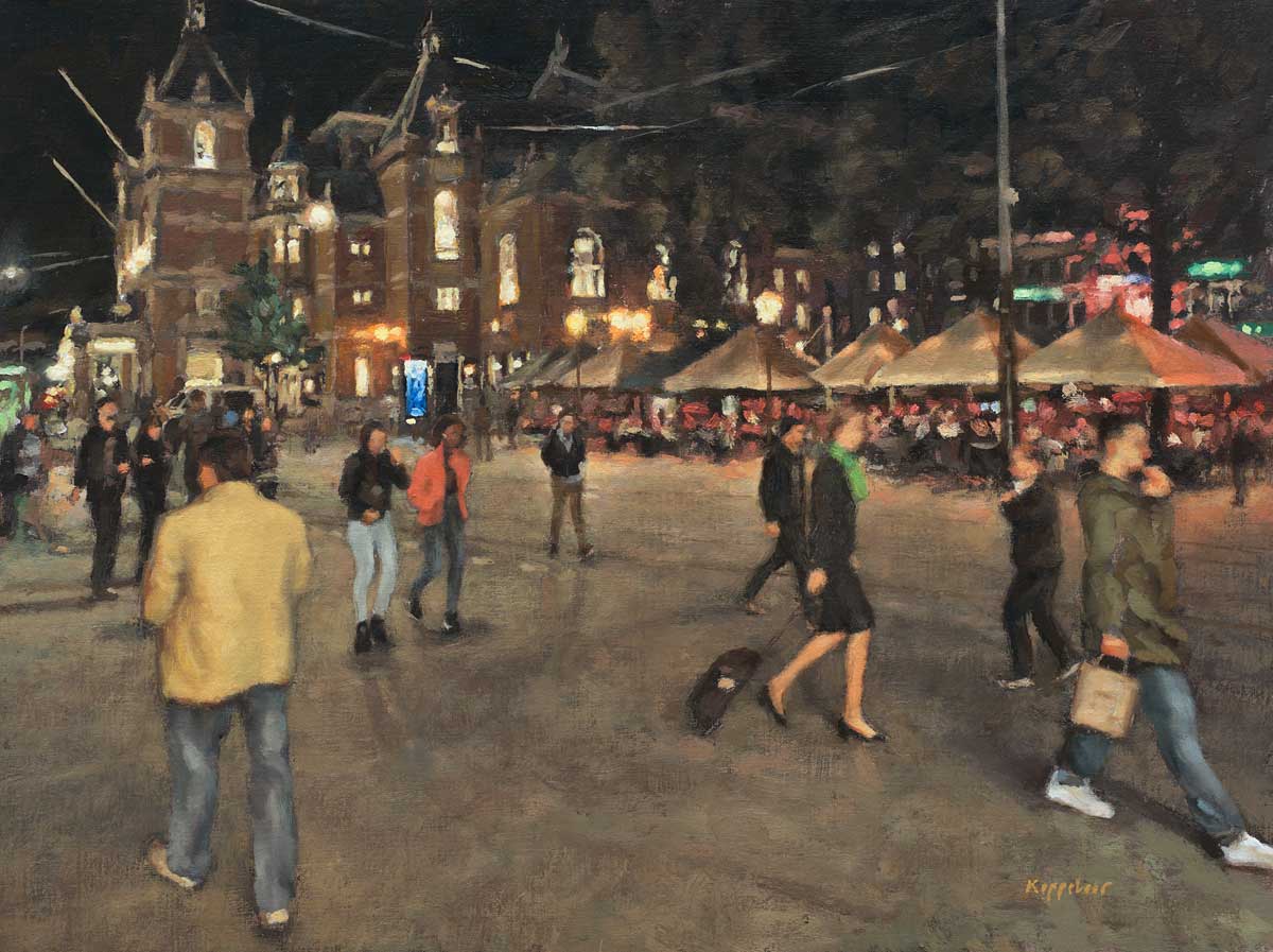 stadsgezicht: 'Leidseplein bij avond' acryl/olieverf op linnen marouflé door kunstschilder Frans Koppelaar.
