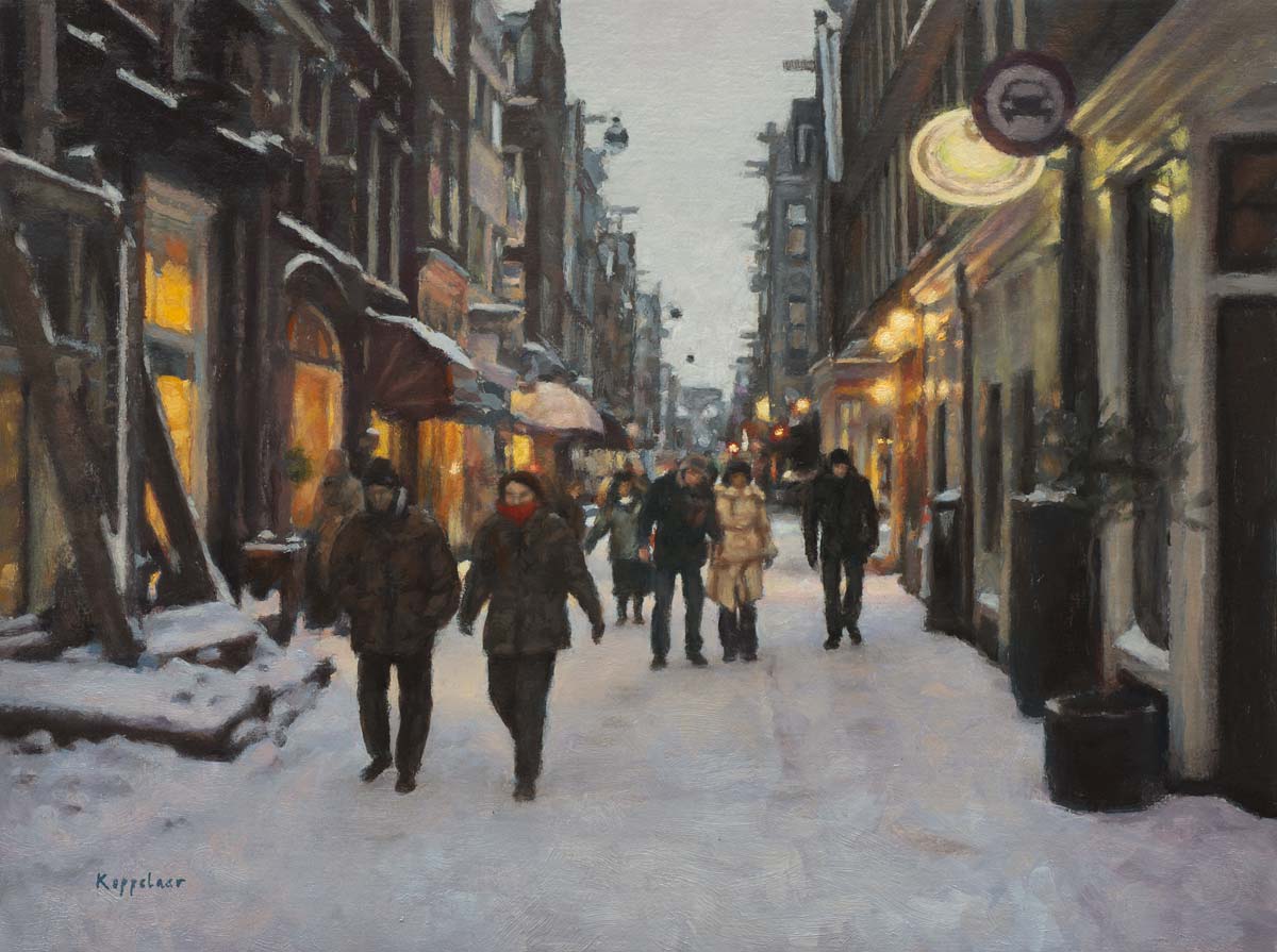 stadsgezicht: 'Tweede Egelantiersdwarsstraat in de Winter' acryl/olieverf op linnen marouflé door kunstschilder Frans Koppelaar.